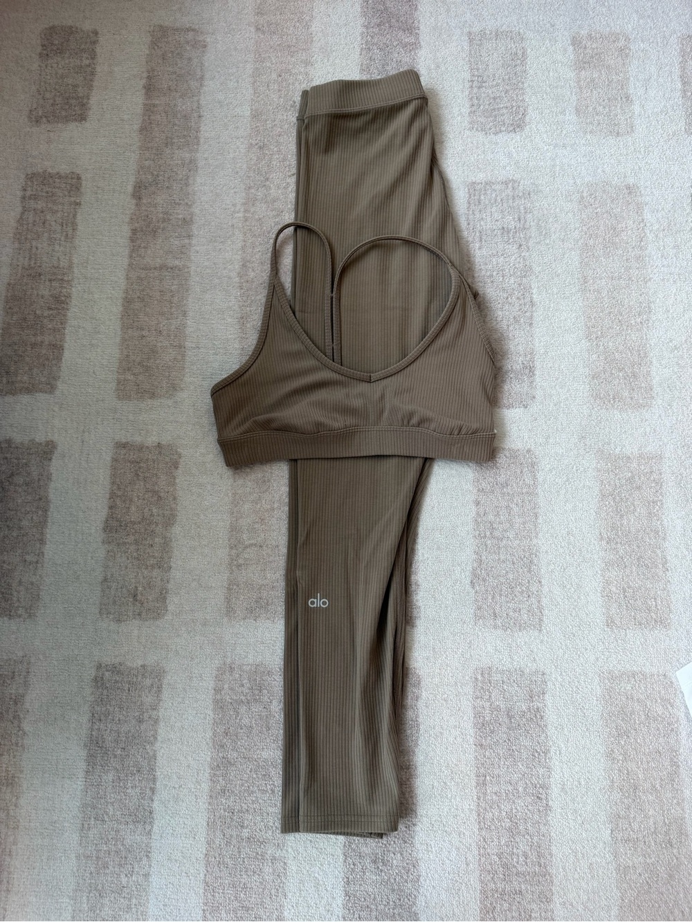 ALO Yoga Ribbed Seamless Bralette & Legging Set in Taupe Brown